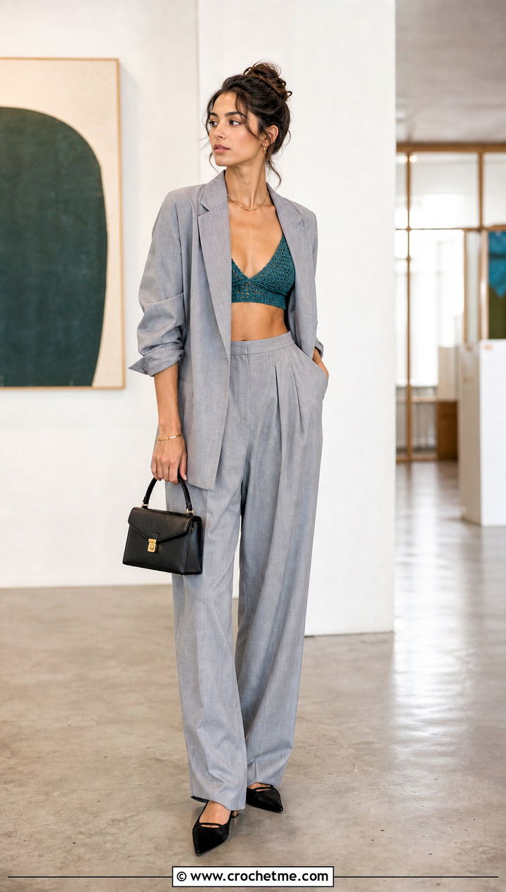 Crochet Bralette Crop Top With Oversized Blazer - 25 boho crochet crop top outfit ideas