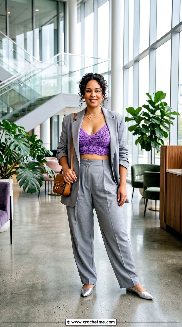Crochet Bralette Crop Top With Oversized Blazer - 25 crocheting crop top outfit ideas