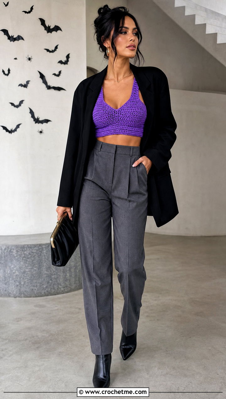 Crochet Bralette Crop Top With Oversized Blazer - 20 halloween crochet crop top outfit ideas