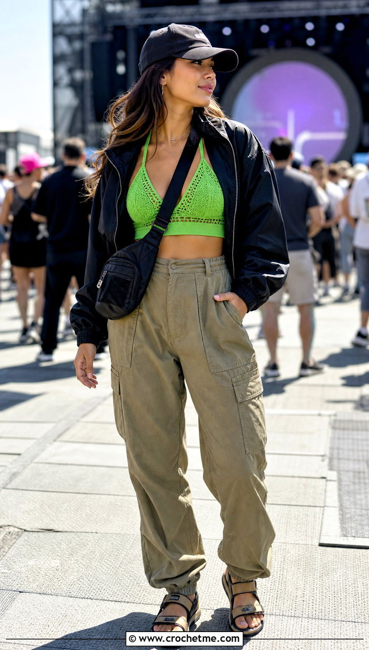 Crochet Bralette Crop Top With Utility Pants - 35 crop crochet top outfit ideas