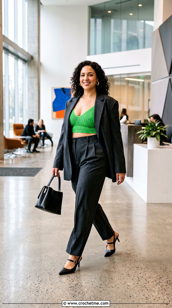 Crochet Bralette Half Top With An Oversized Blazer - 35 crochet half top outfit ideas