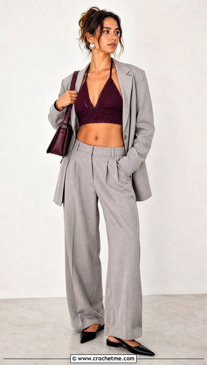 Crochet Bralette Halter Top With Oversized Blazer - 35 easy crochet halter top outfit ideas
