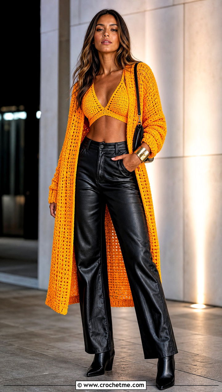 Crochet Bralette Leather Pants And Cardigan Set With Pointed Boots - 25 crochet three piece outfit ideas