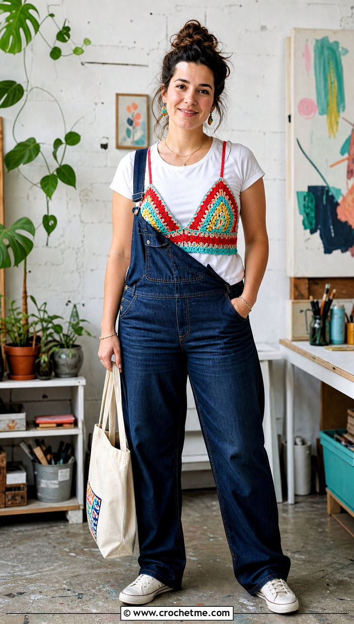 Crochet Bralette Top Over T Shirt With Overalls - 30 multi color crochet top outfit ideas