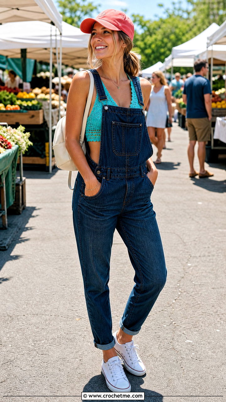 Crochet Bralette Top With Denim Overalls - 35 trendy crochet tops outfit ideas
