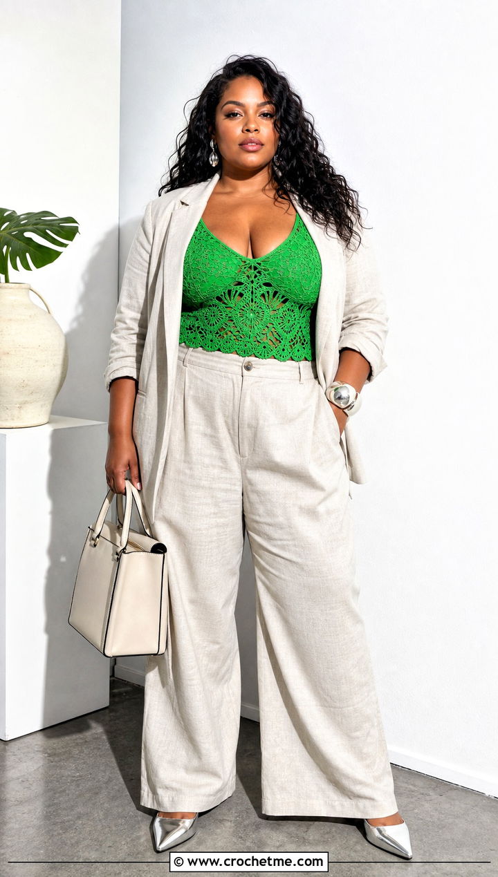 Crochet Bralette Top With Linen Suit - 35 cute crochet tops summer outfits ideas