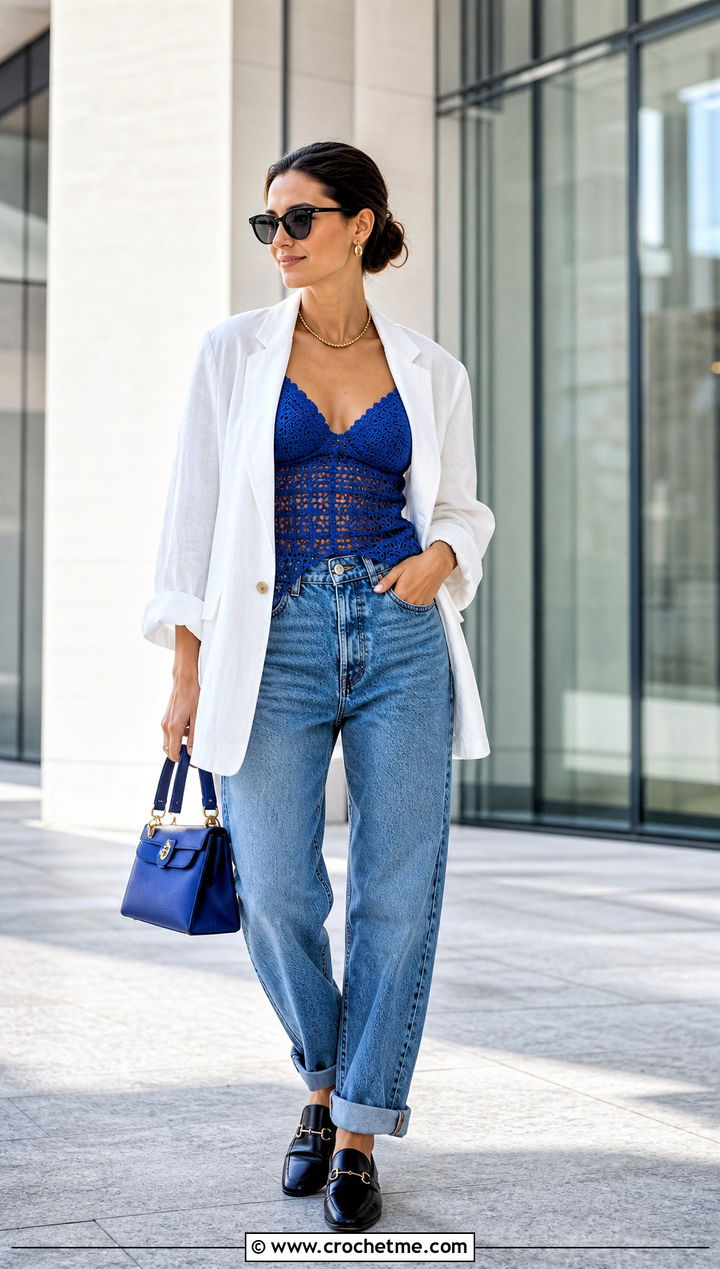 Crochet Bralette Top With Oversized Blazer - 35 Cute Summer Crochet Tops outfit ideas