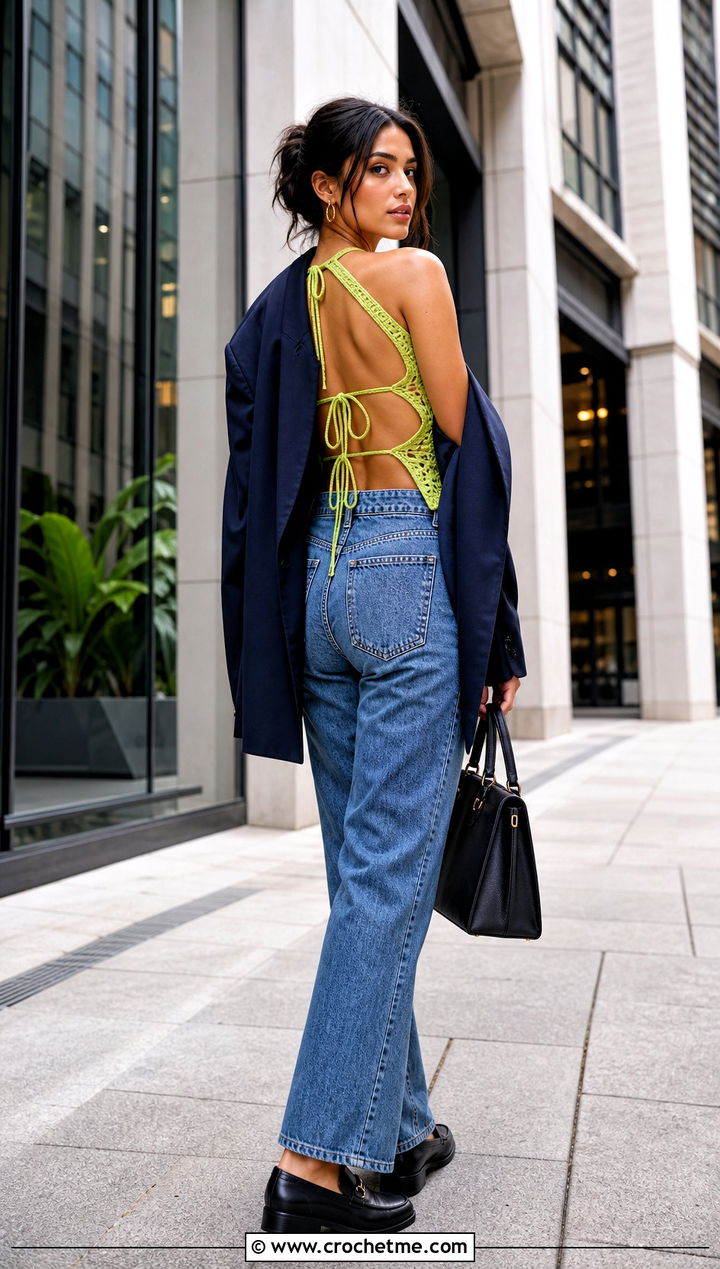 Crochet Bralette Top With Oversized Blazer - 35 open back crochet top outfit ideas