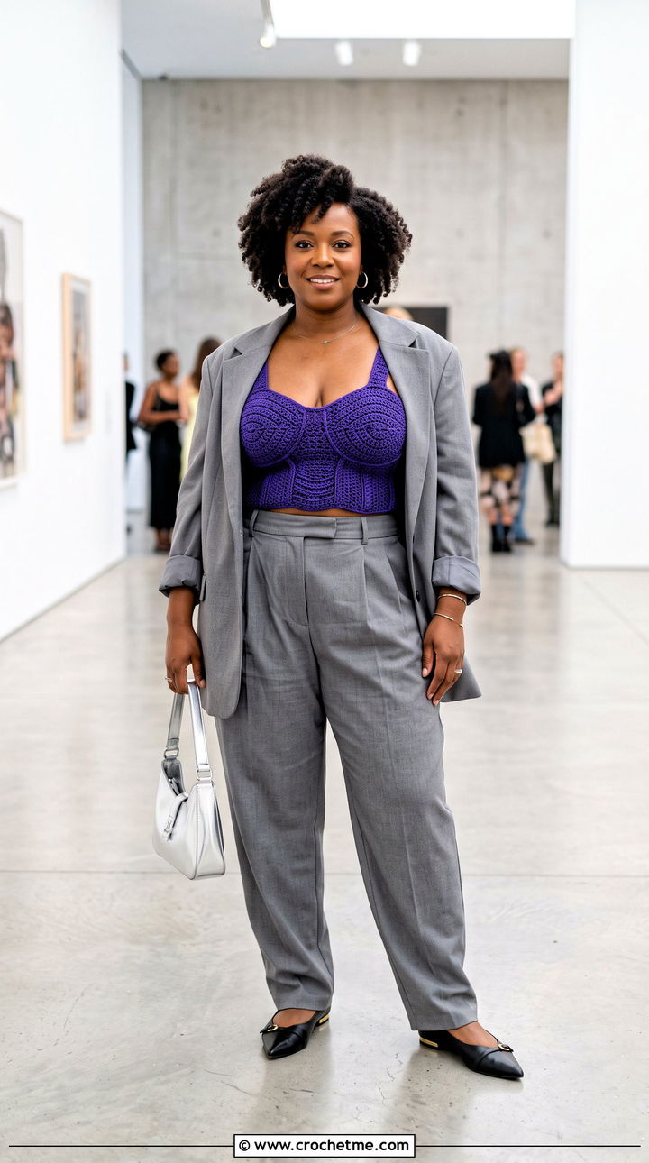 Crochet Bralette Top With Oversized Blazer - 35 plus size crochet top outfit ideas
