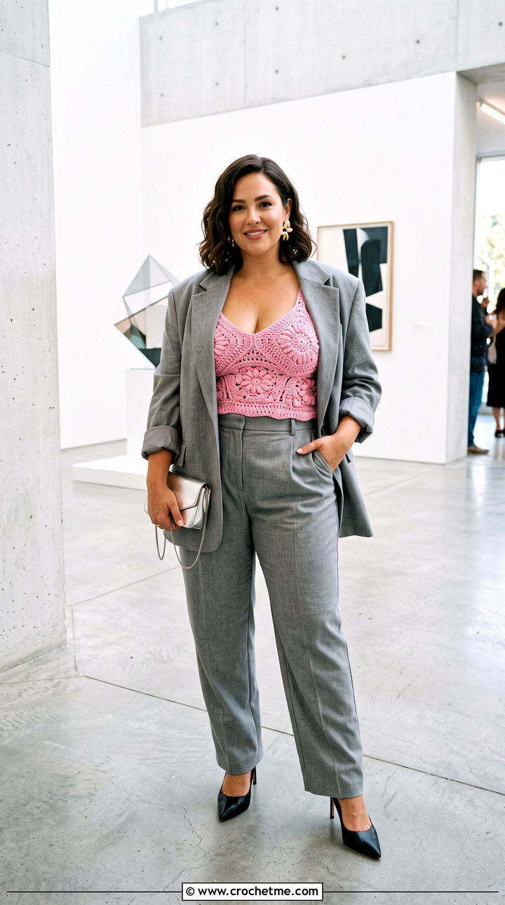 Crochet Bralette Top With Oversized Blazer - 15 honey punch crochet top outfit ideas