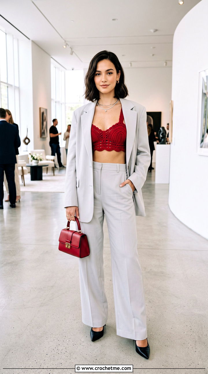 Crochet Bralette Top With Oversized Blazer And Trousers - 35 crochet top ideas
