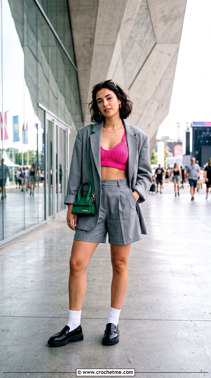 Crochet Bralette Top With Oversized Blazer - 35 crochet festival top outfit ideas