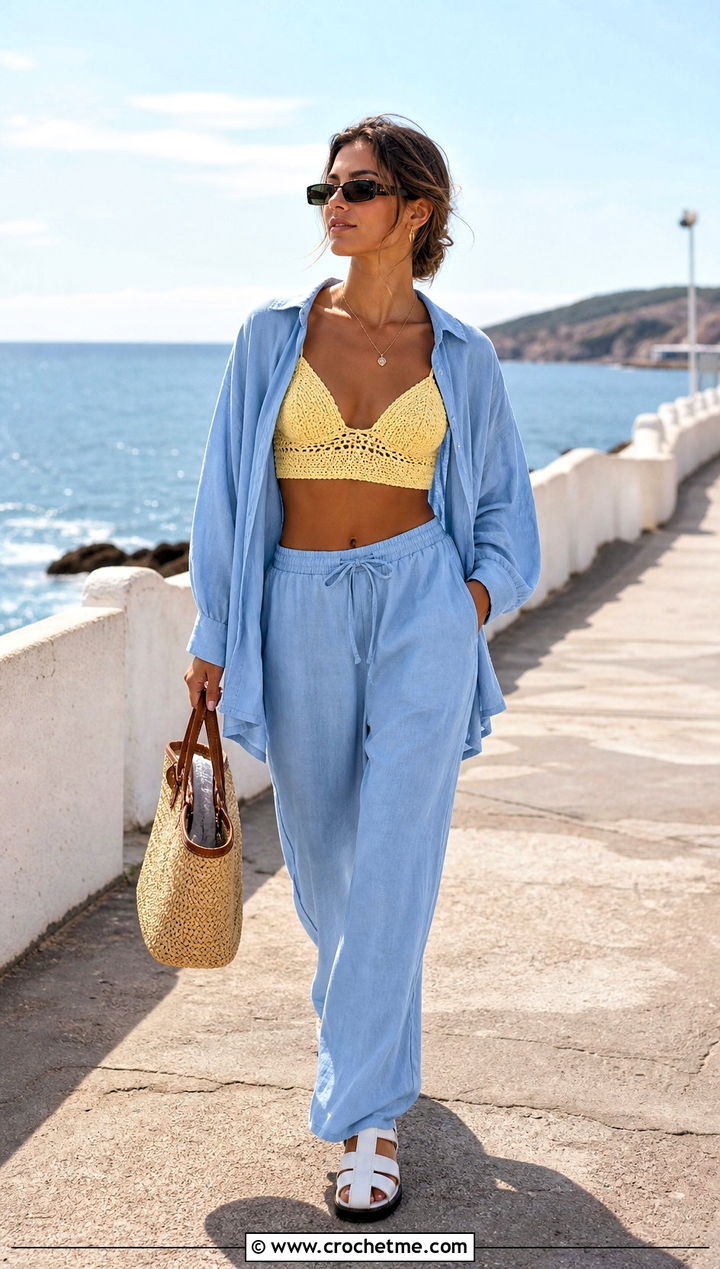 Crochet Bralette Top With Oversized Linen Shirt - 35 crochet top for summer outfit ideas
