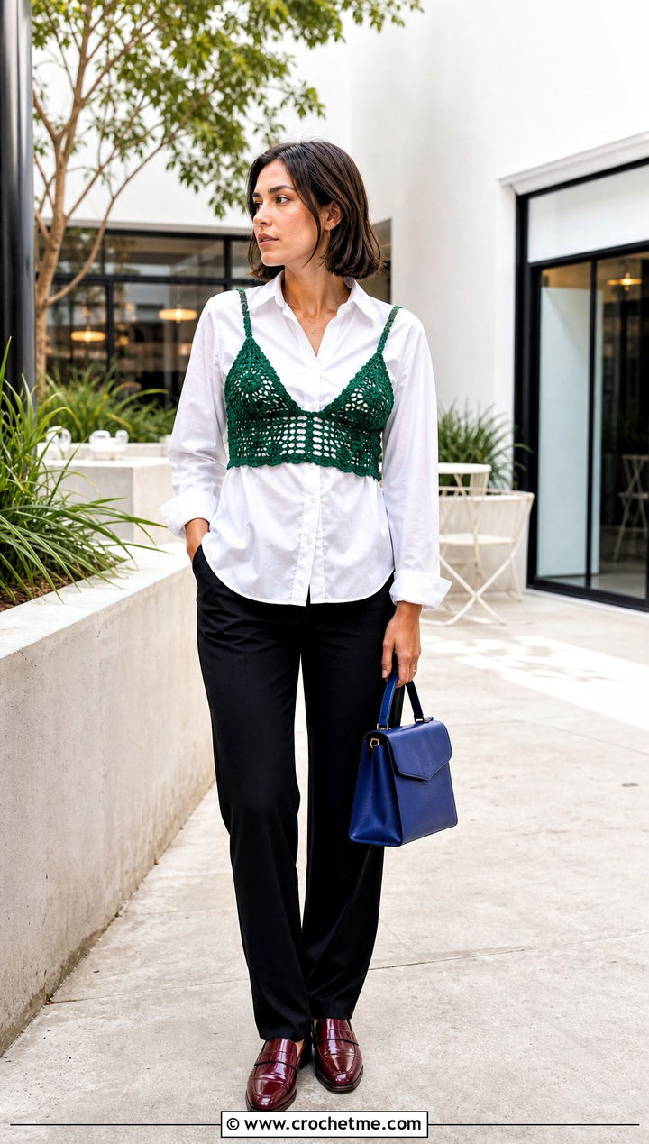 Crochet Bralette Top With Poplin Shirt - 35 knitted crochet top outfit ideas