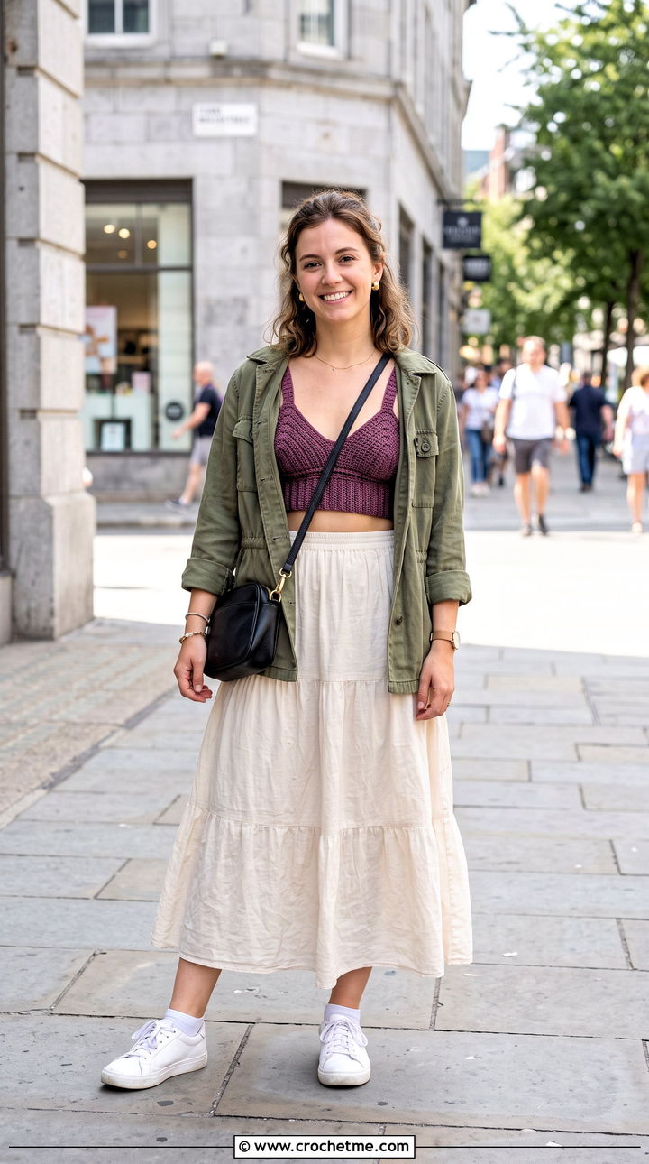 Crochet Bralette Top With Utility Jacket And Maxi Skirt - 35 simple crochet tops outfit ideas