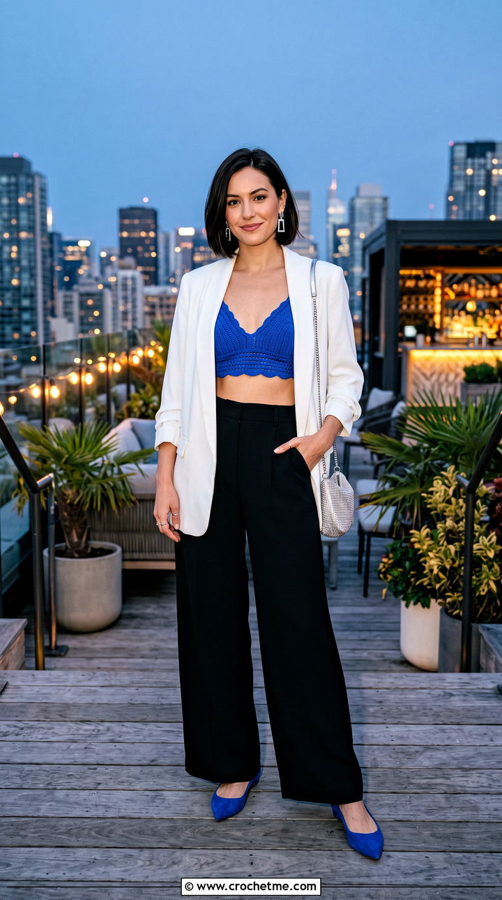 Crochet Bralette With An Oversized Blazer - 35 Crochet Jamaican Outfit ideas