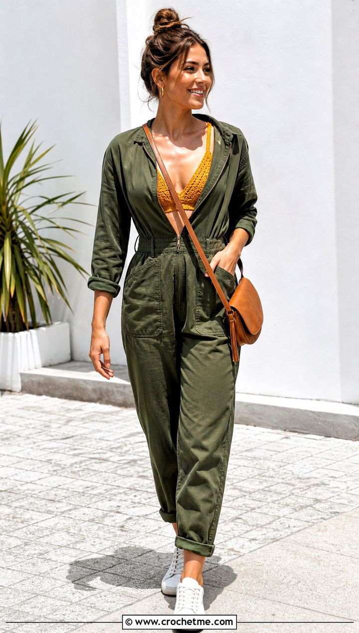 Crochet Bralette With Utility Jumpsuit - 30 full crochet outfit ideas