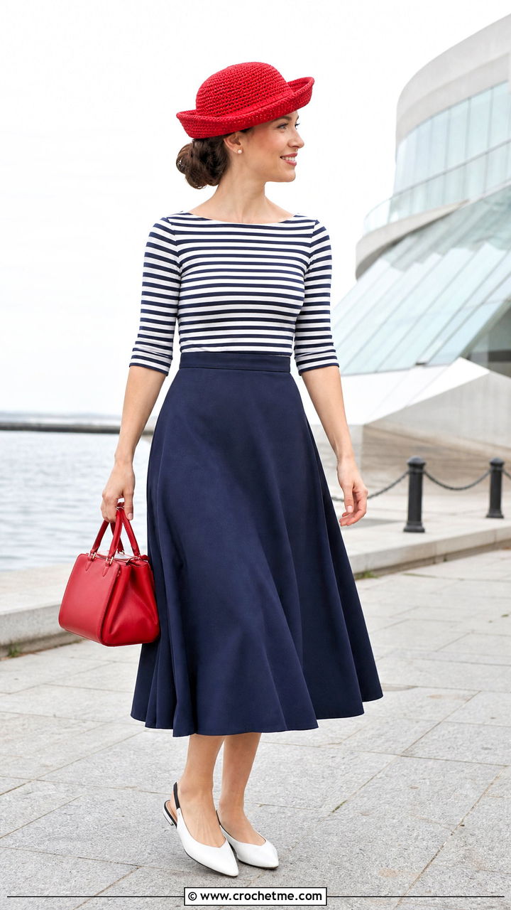 Crochet Breton Hat With Striped Top And A Line Skirt - 35 crochet brim hat outfit ideas