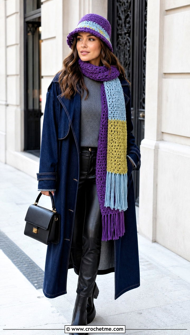 Crochet Brimmed Beanie And Color Block Scarf With Denim Coat - 25 crochet hat scarf outfit ideas
