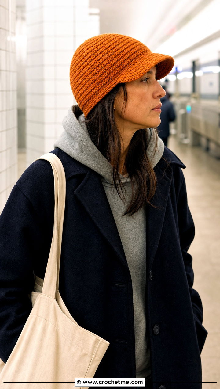 Crochet Brimmed Beanie With Hoodie And Coat - 30 Women Crochet Hats outfit ideas