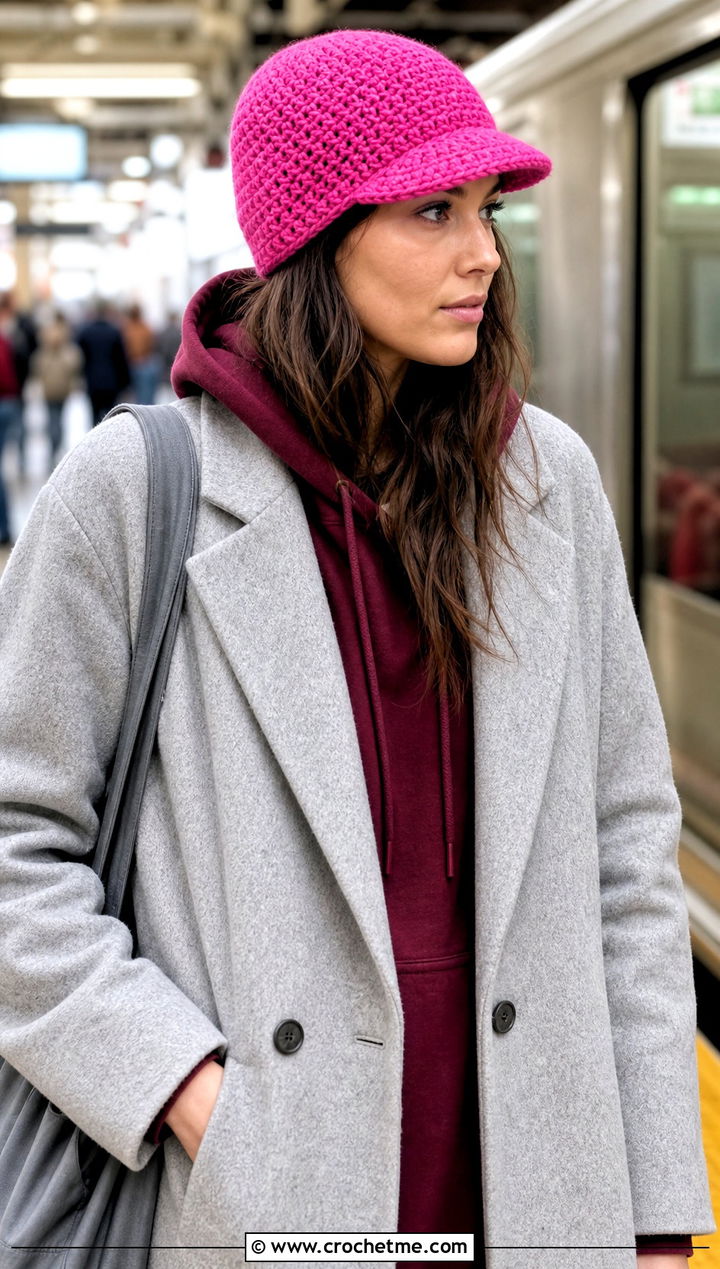 Crochet Brimmed Beanie With Hoodie And Tailored Coat - 25 easy crocheted hats outfit ideas