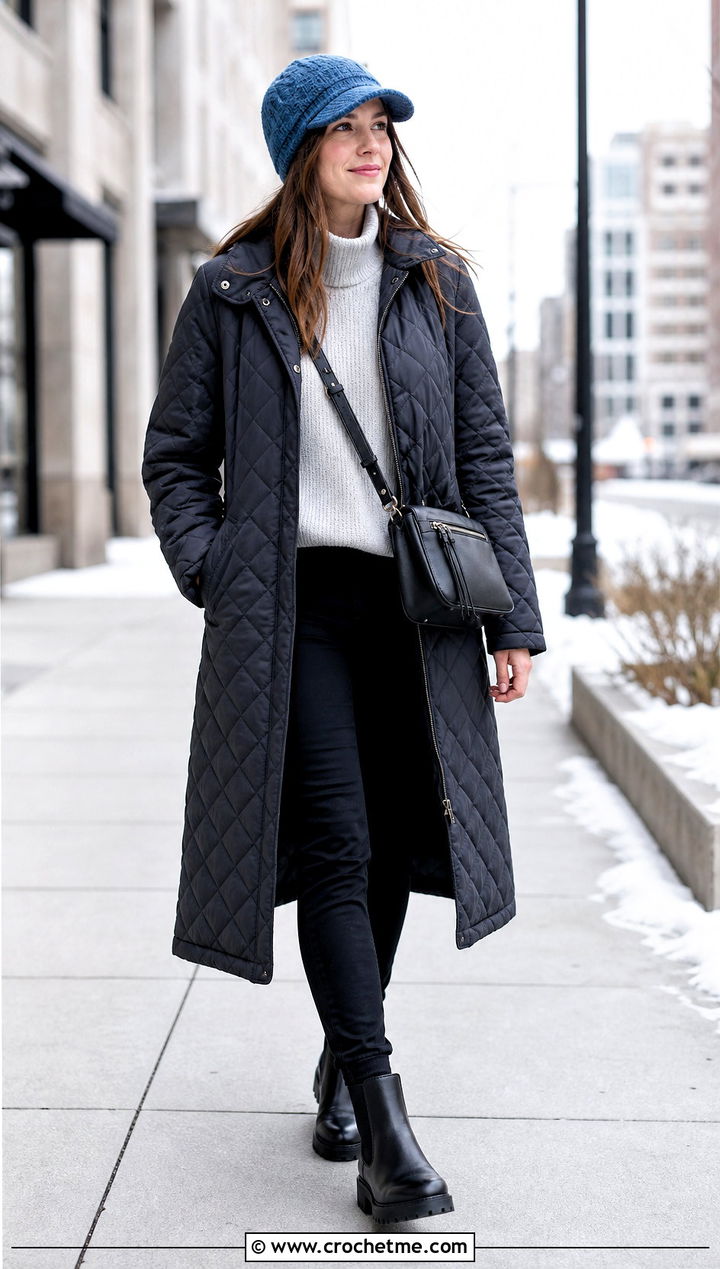 Crochet Brimmed Beanie With Quilted Coat - 35 Crochet Hat Inspo outfit ideas