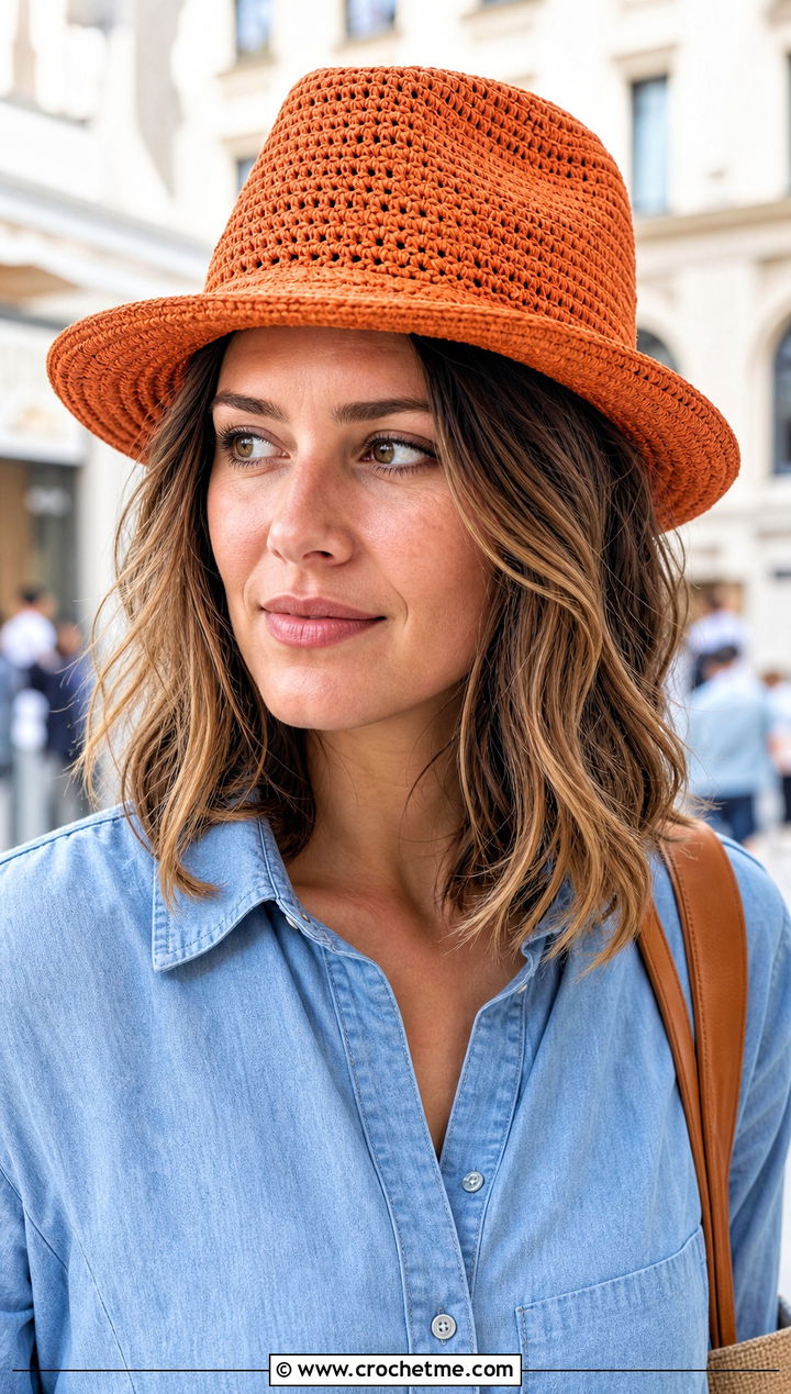 Crochet Brimmed Fedora With Shirt Dress - 25 one skein crochet hat outfit ideas