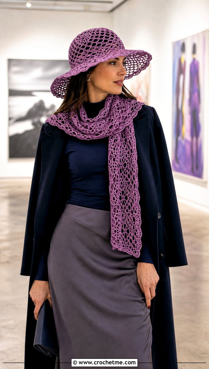 Crochet Brimmed Hat And Lace Mesh Scarf With Satin Skirt - 15 Easy Crochet Hat And Scarf Set outfit ideas