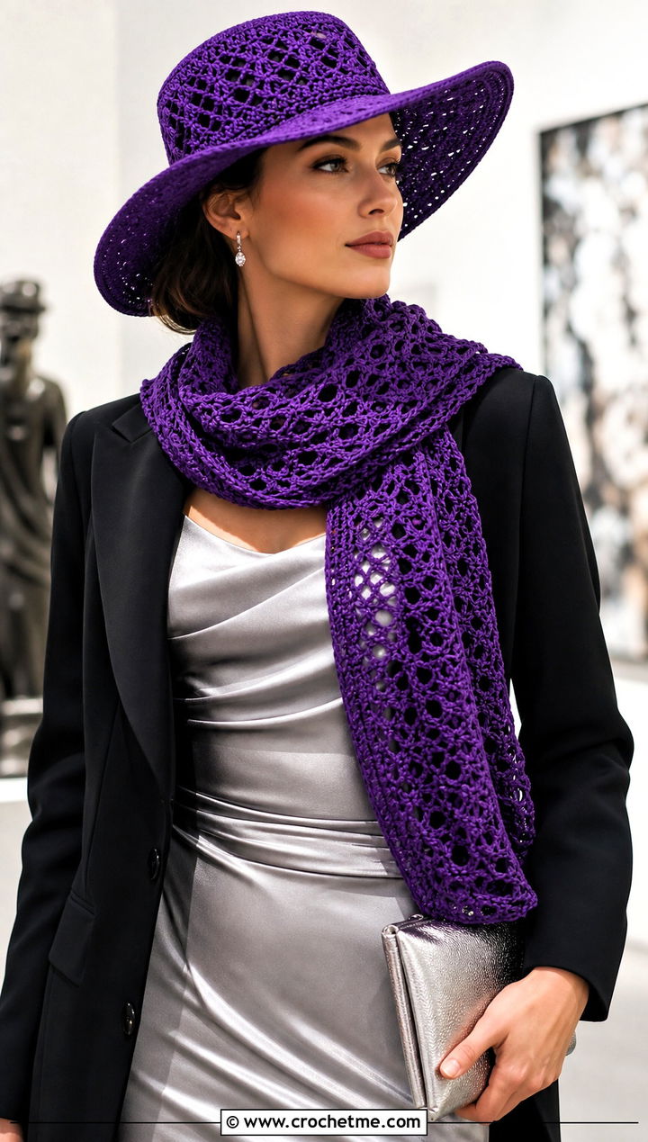 Crochet Brimmed Hat And Wrap Scarf With Satin Dress - 15 Crochet Scarf Hat outfit ideas
