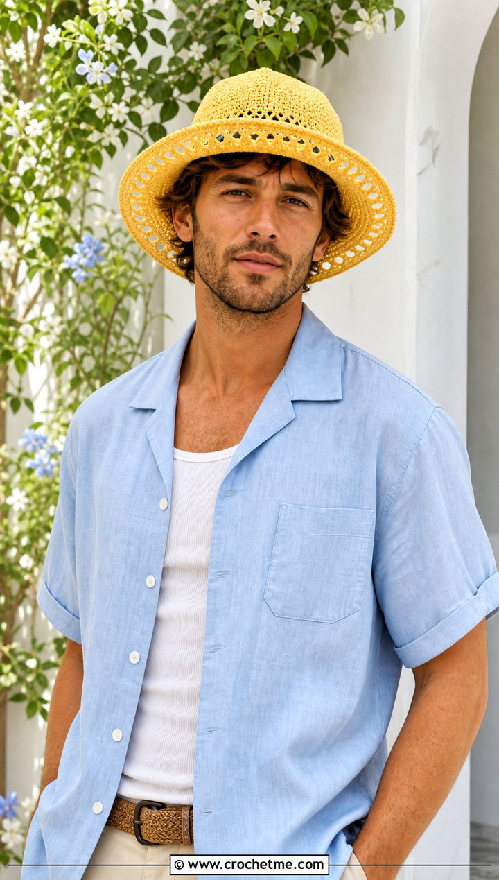 Crochet Brimmed Sun Hat With Camp Collar Shirt - 15 Crochet Mens Hats outfit ideas