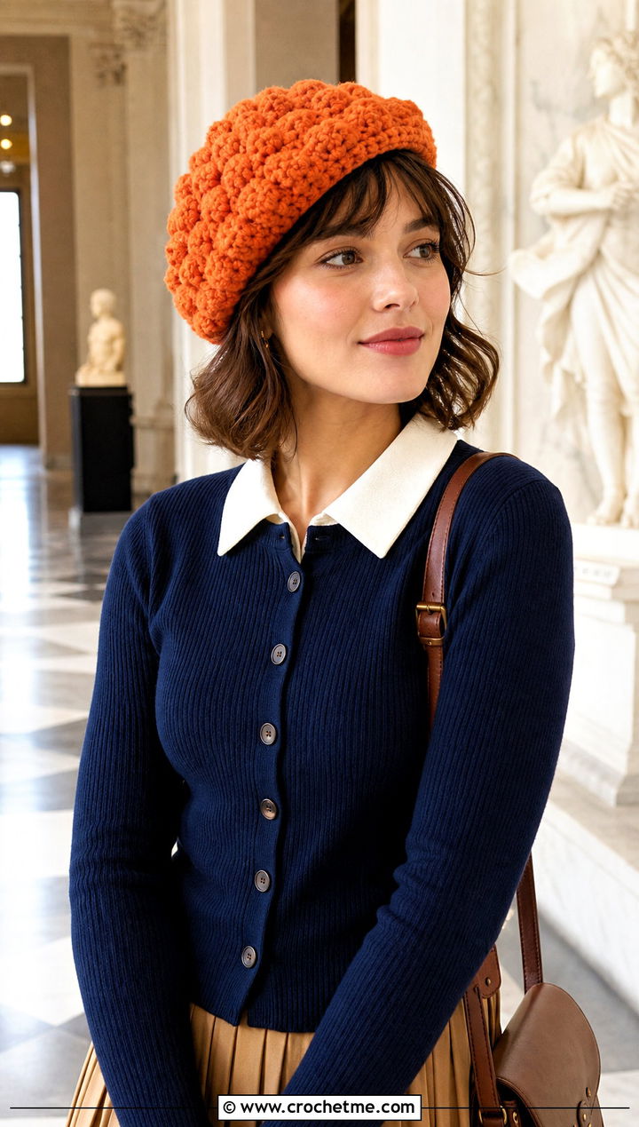 Crochet Bubble Beret With Cardigan And Midi Skirt - 20 Crochet Bubble Hat outfit ideas
