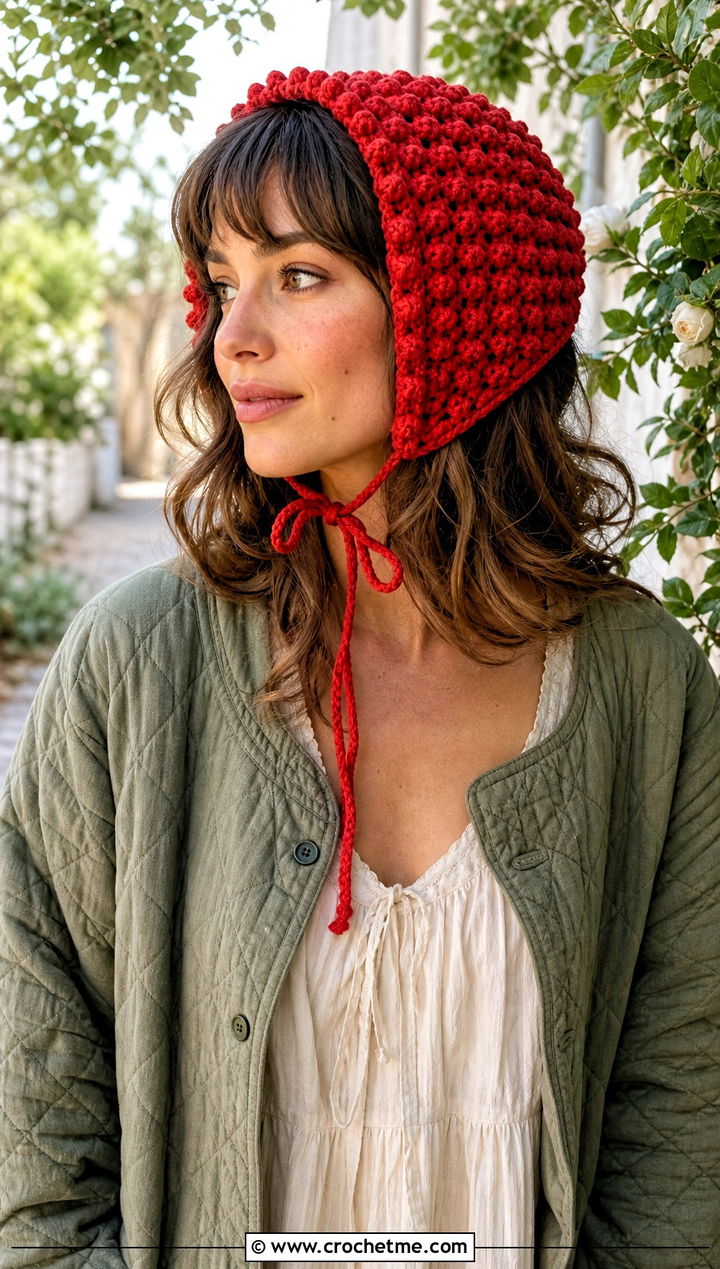 Crochet Bubble Bonnet With Quilted Jacket And Maxi Dress - 20 Crochet Bubble Hat outfit ideas