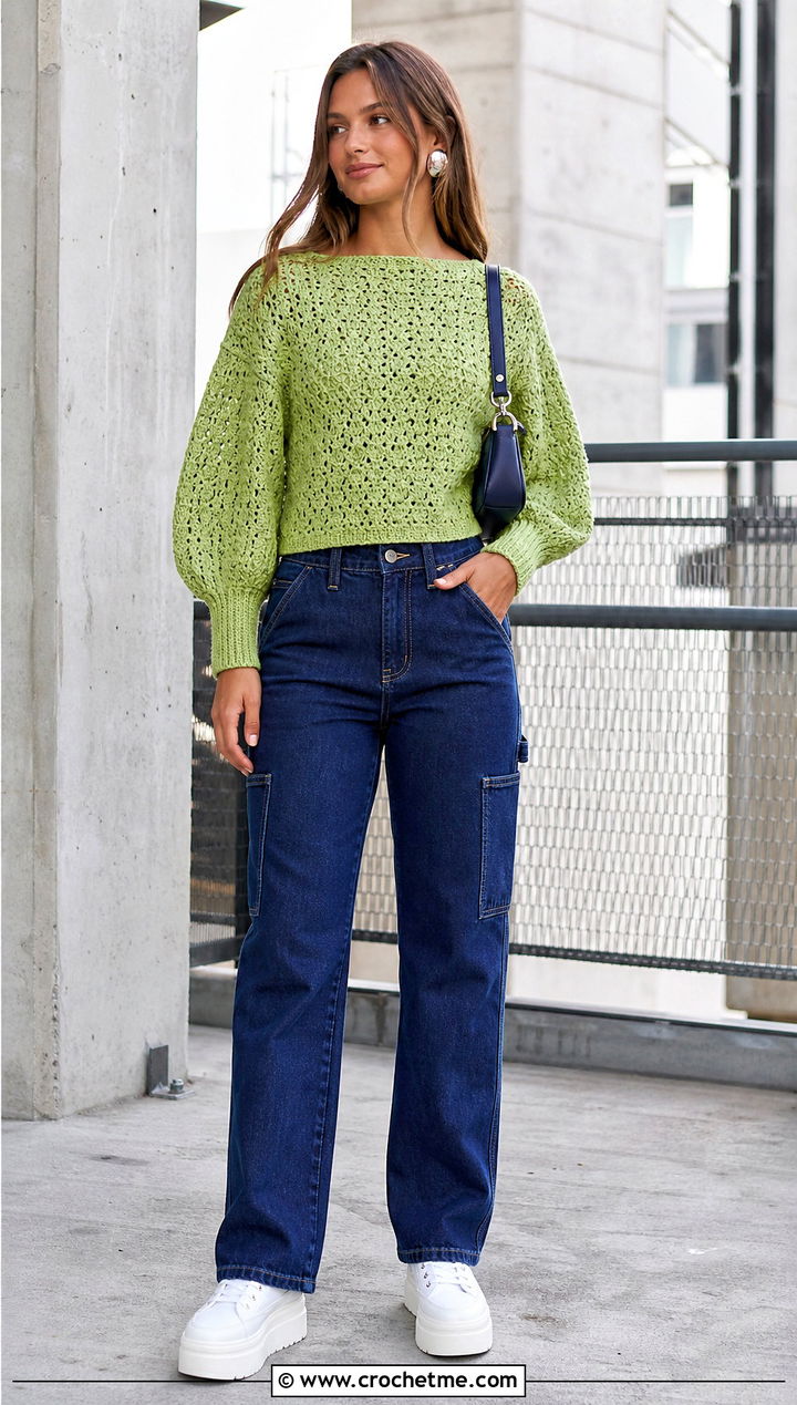 Crochet Bubble Sleeve Top With Carpenter Jeans - 35 crochet sleeve top outfit ideas
