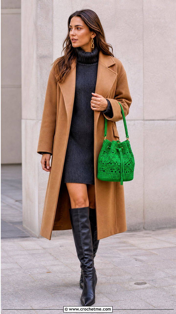 Crochet Bucket Bag With Sweater Dress - 35 crochet bag outfit ideas