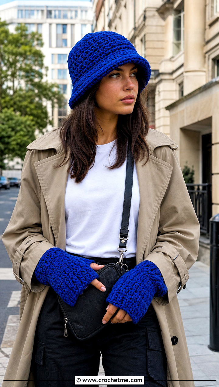 Crochet Bucket Hat And Fingerless Gloves With Trench Coat - 15 Crochet Hat And Gloves outfit ideas