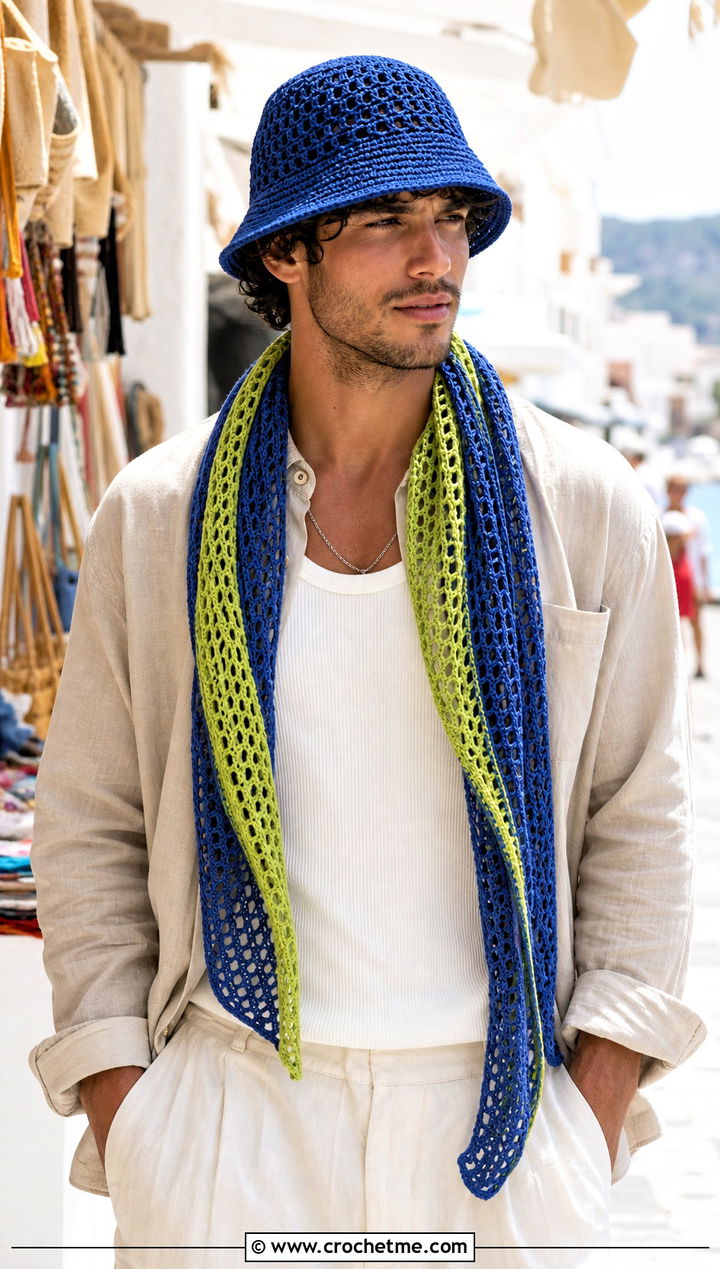 Crochet Bucket Hat And Mesh Scarf With Linen Outfit - 15 Mens Crochet Hat And Scarf outfit ideas