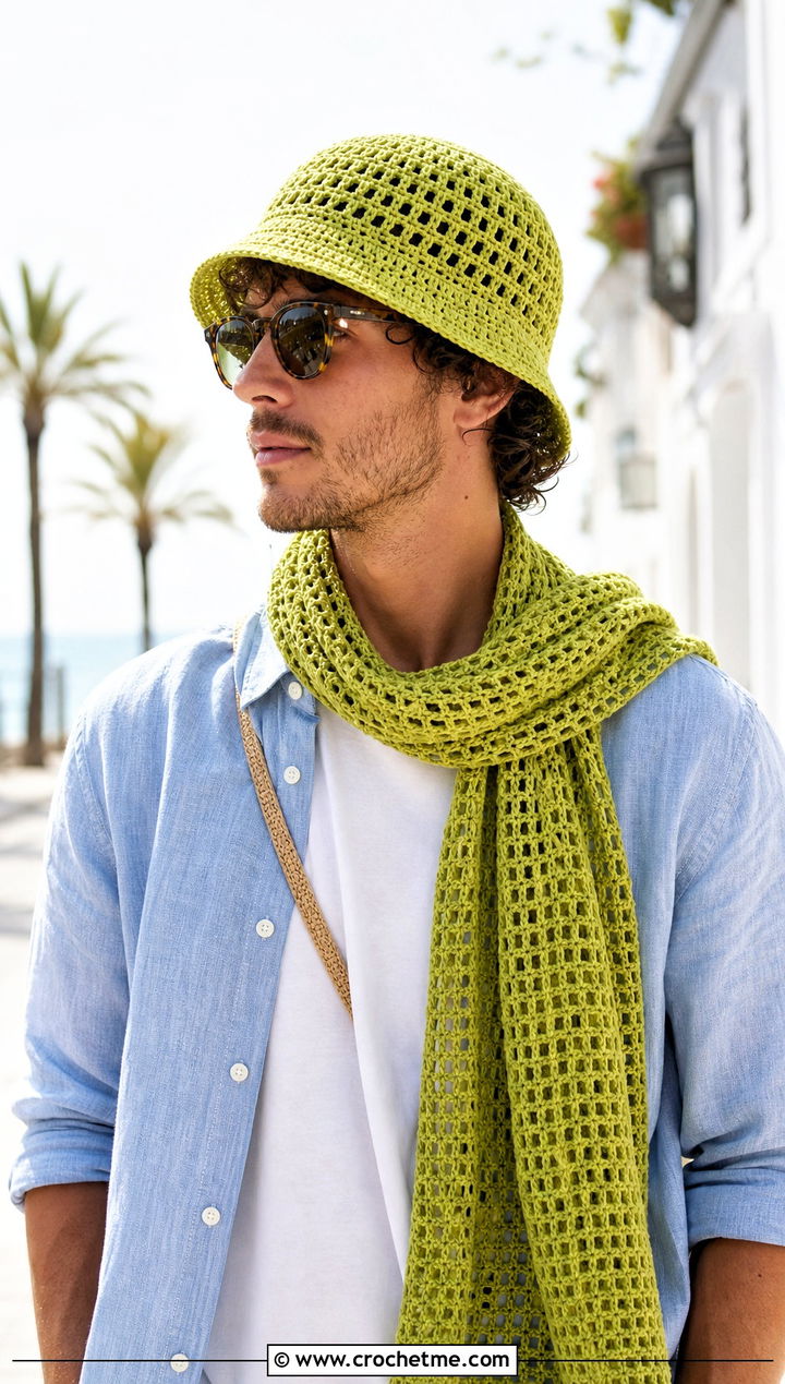 Crochet Bucket Hat And Mesh Scarf With Linen Overshirt - 20 Crochet Mens Hat And Scarf outfit ideas