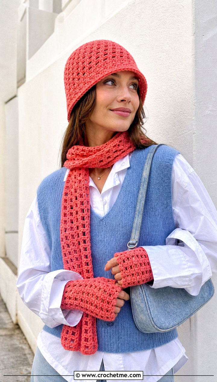 Crochet Bucket Hat Mesh Scarf And Fingerless Gloves With Sweater Vest - 25 crochet hat scarf gloves set outfit ideas