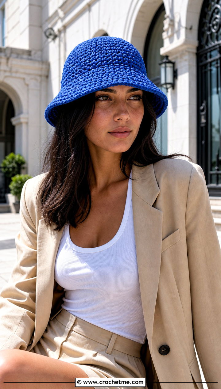 Crochet Bucket Hat With Blazer And Shorts - 35 cute crochet hat outfit ideas