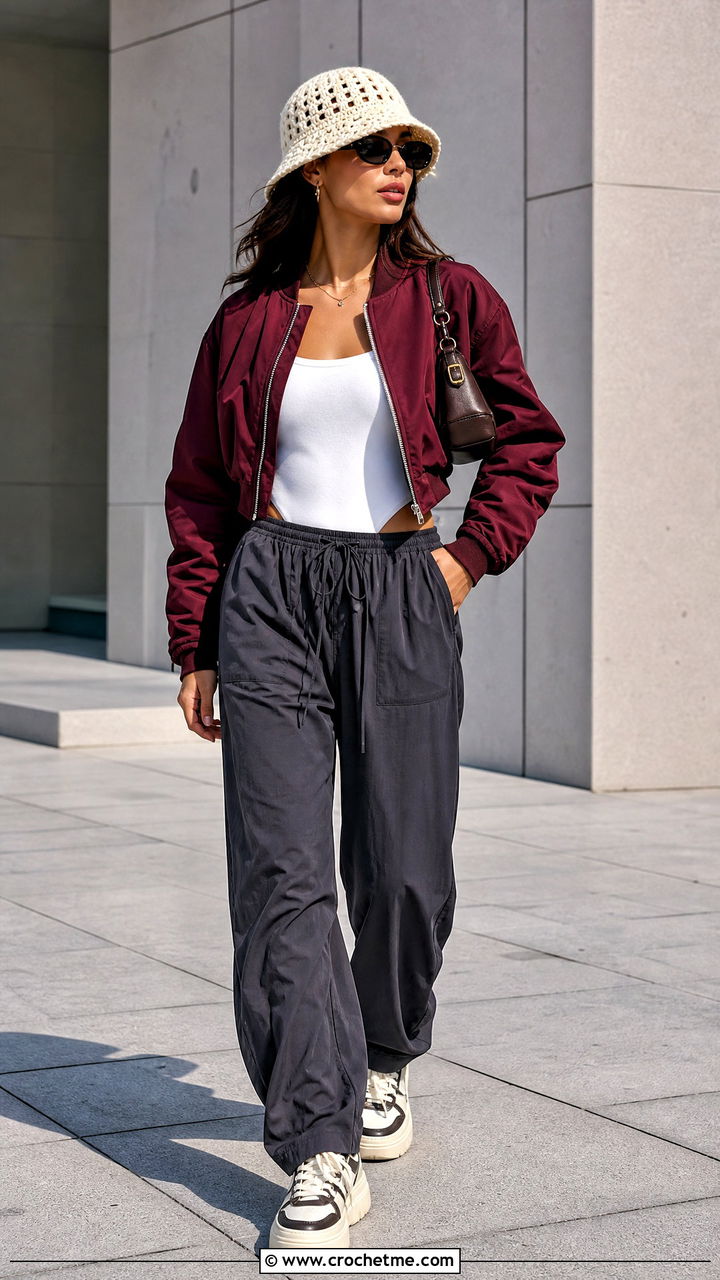 Crochet Bucket Hat With Bomber Jacket And Parachute Pants - 35 crochet hat outfit ideas
