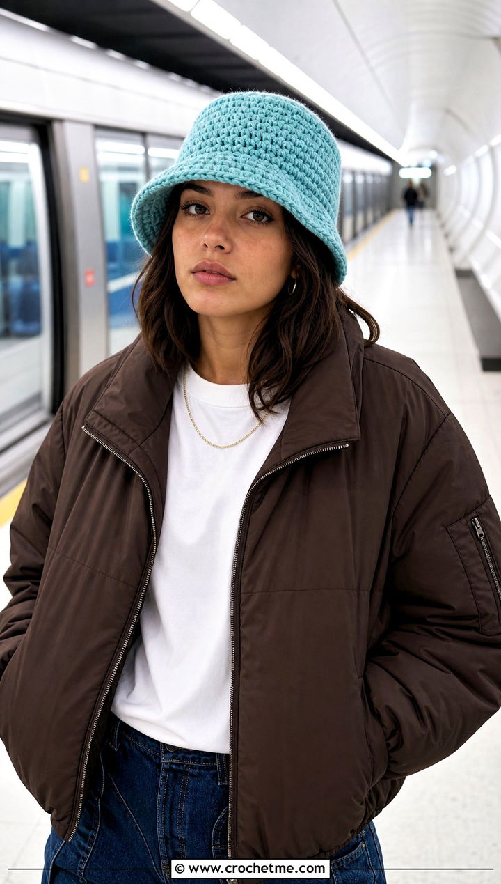 Crochet Bucket Hat With Bomber Jacket and Carpenter Jeans - 15 Crochet Warm Winter Hat outfit ideas