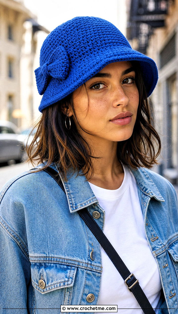 Crochet Bucket Hat With Bow And Denim Jacket - 20 Crochet Hat With Bow outfit ideas