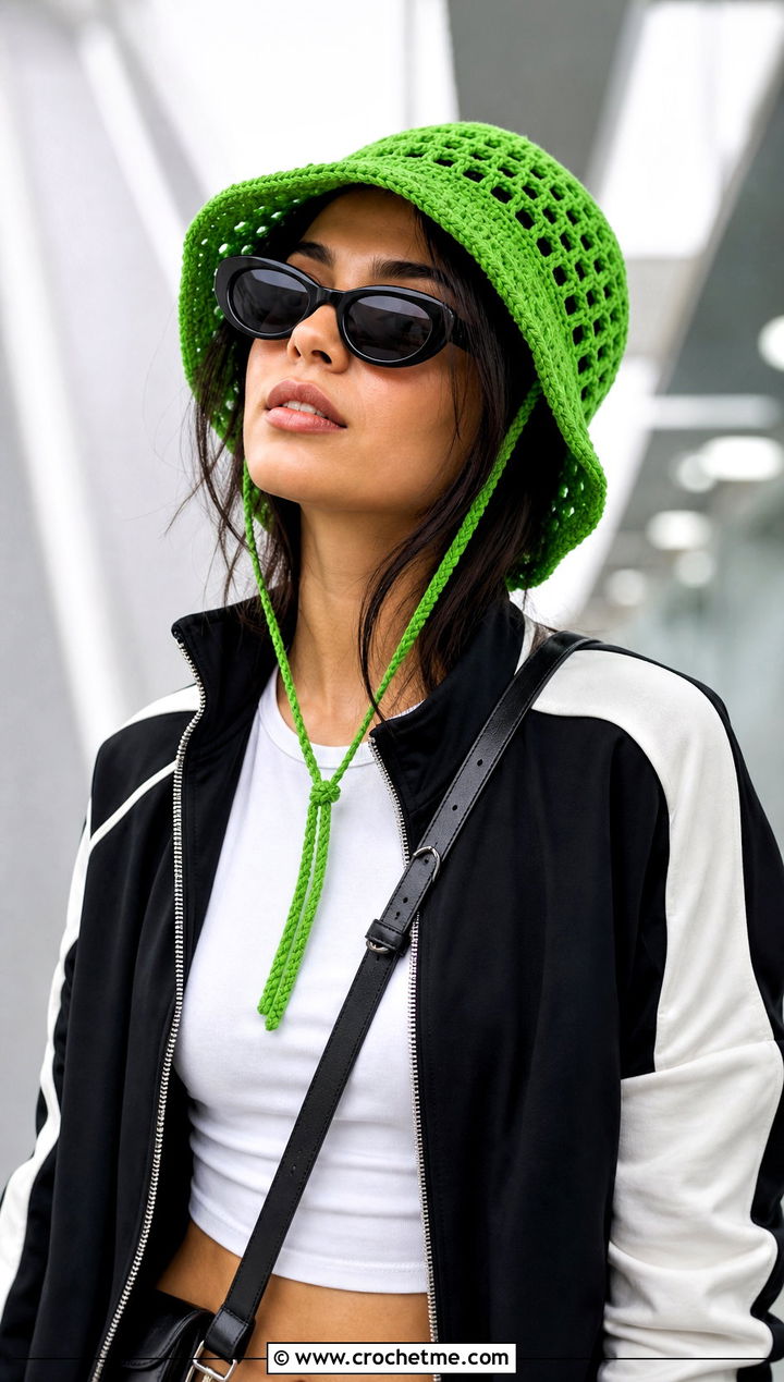 Crochet Bucket Hat With Braided Chin Ties And Track Jacket - 30 crochet hat with braids outfit ideas
