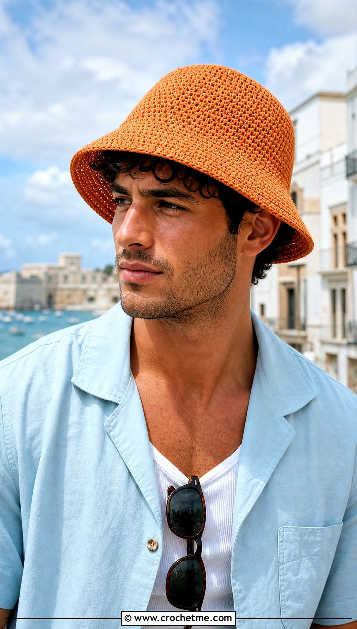 Crochet Bucket Hat With Camp Collar Shirt - 15 Easy Crochet Mens Hat outfit ideas
