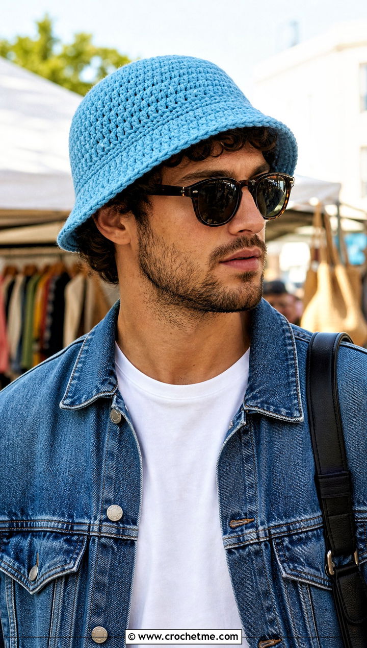 Crochet Bucket Hat With Denim Jacket - 25 crochet men's clothes and outfit ideas