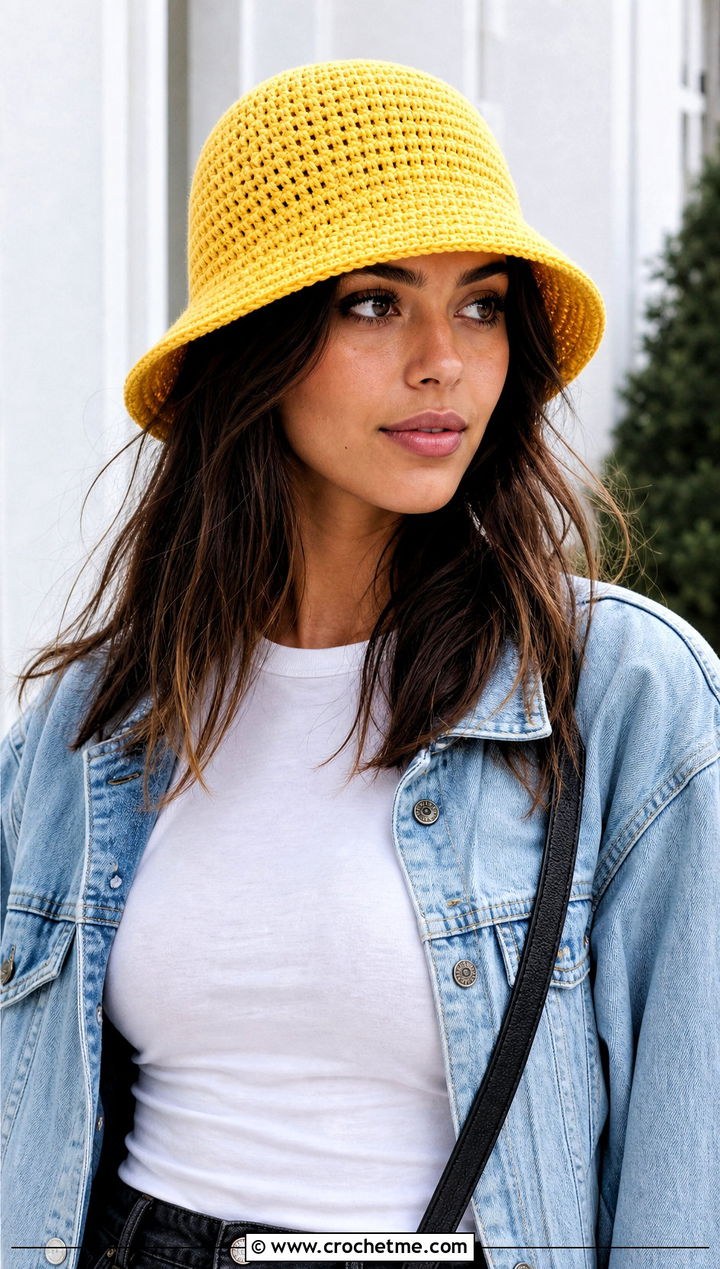 Crochet Bucket Hat With Denim Jacket - 25 crocheted hat outfit ideas