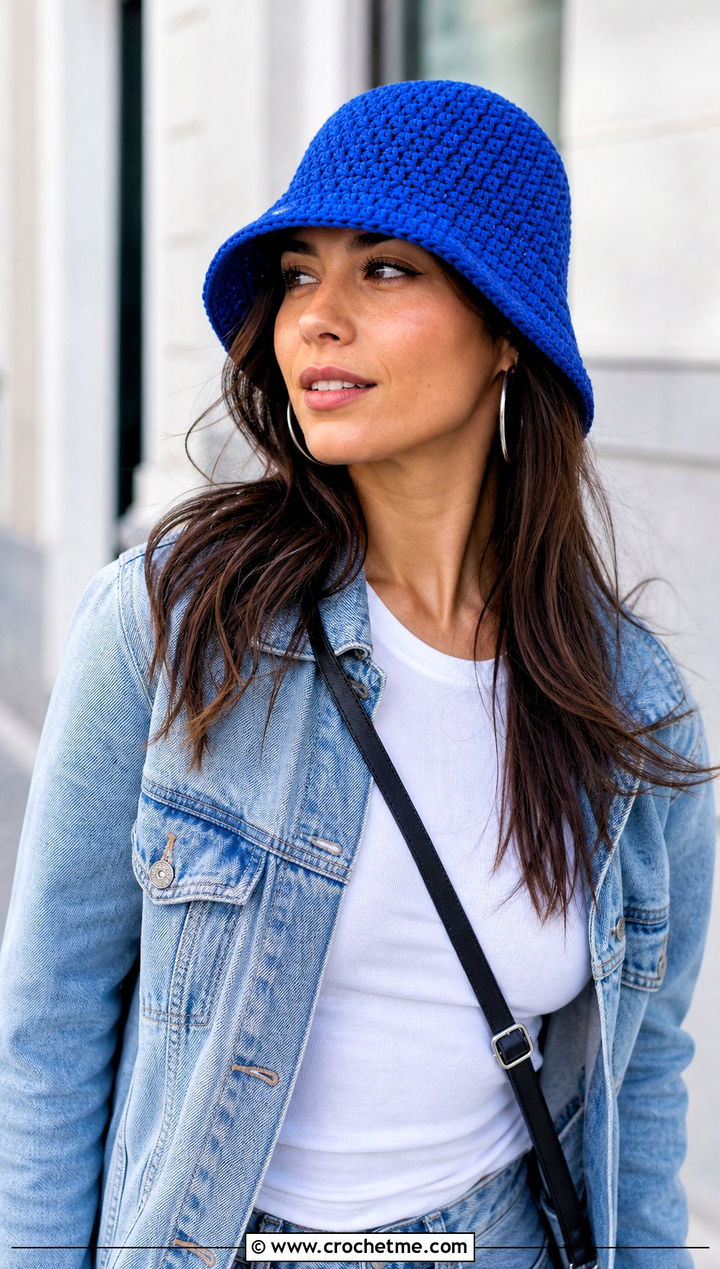 Crochet Bucket Hat With Denim Jacket And Jeans - 15 Modern Crochet Hat outfit ideas