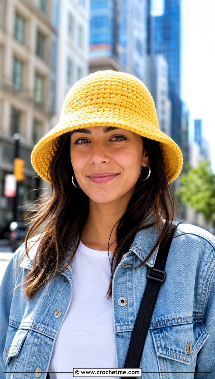 Crochet Bucket Hat With Denim Jacket - 30 Women Crochet Hats outfit ideas