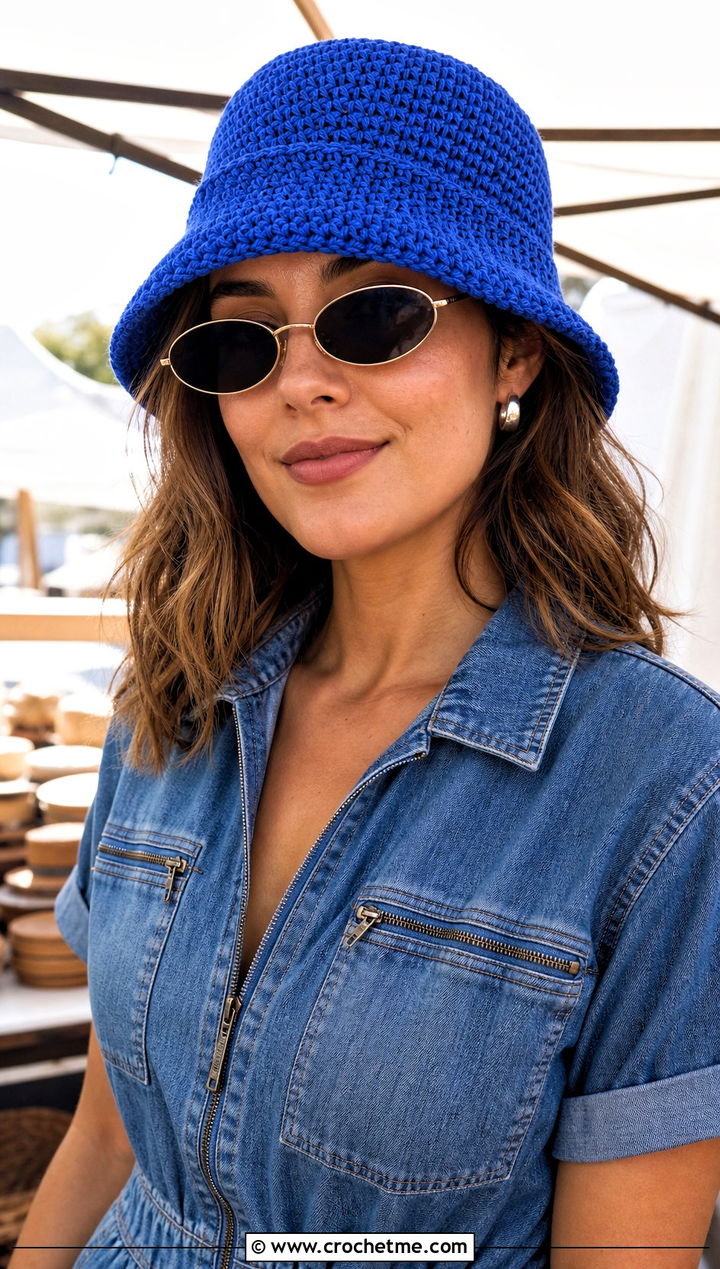 Crochet Bucket Hat With Denim Jumpsuit - 25 Worsted Weight Yarn Crochet Hat outfit ideas