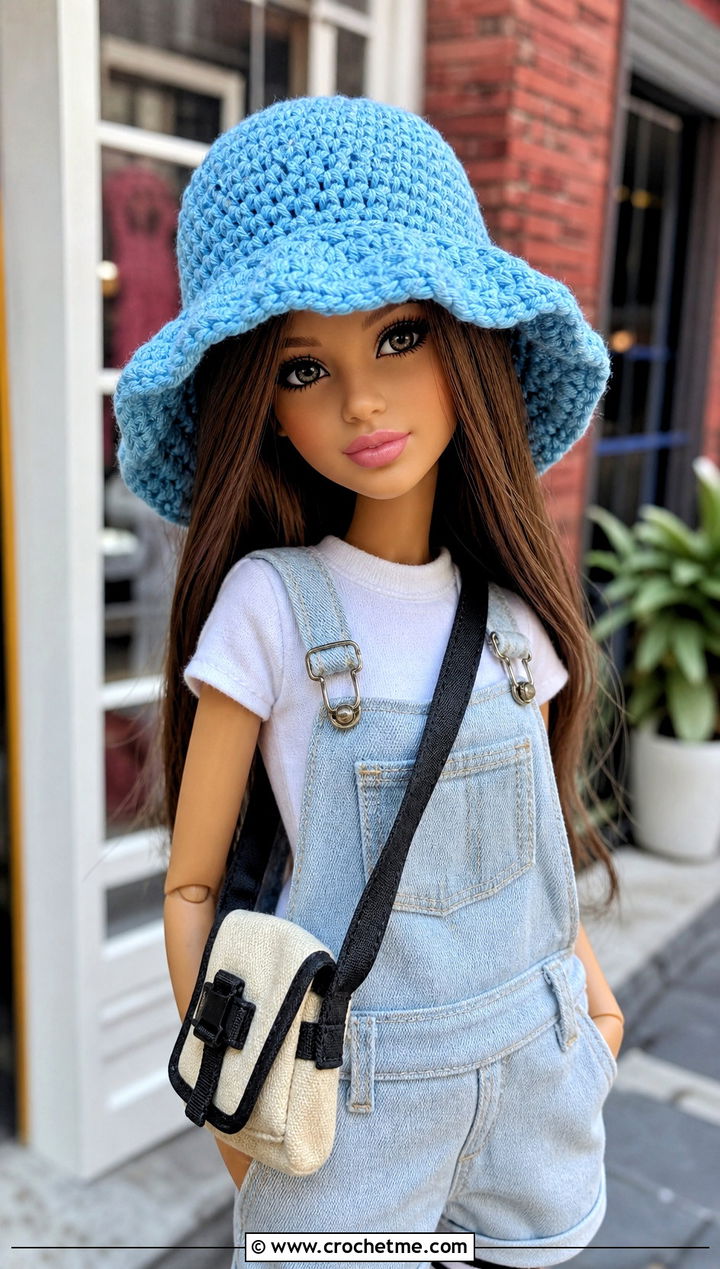 Crochet Bucket Hat With Denim Overalls - 35 crochet hat for doll outfit ideas